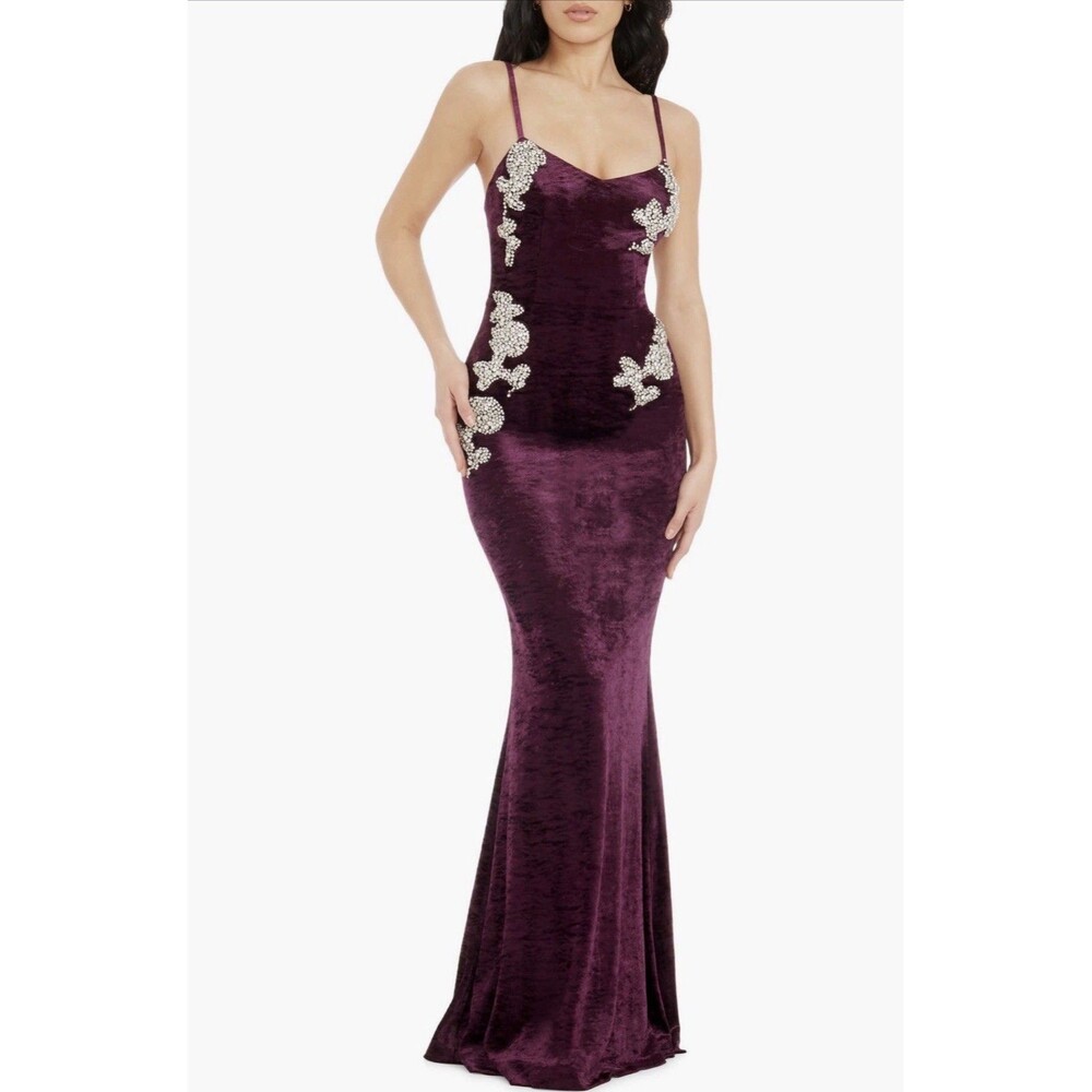 Dress the Population Giovanni Crystal Velvet Mermaid Gown Dress Plum Women’s XXS